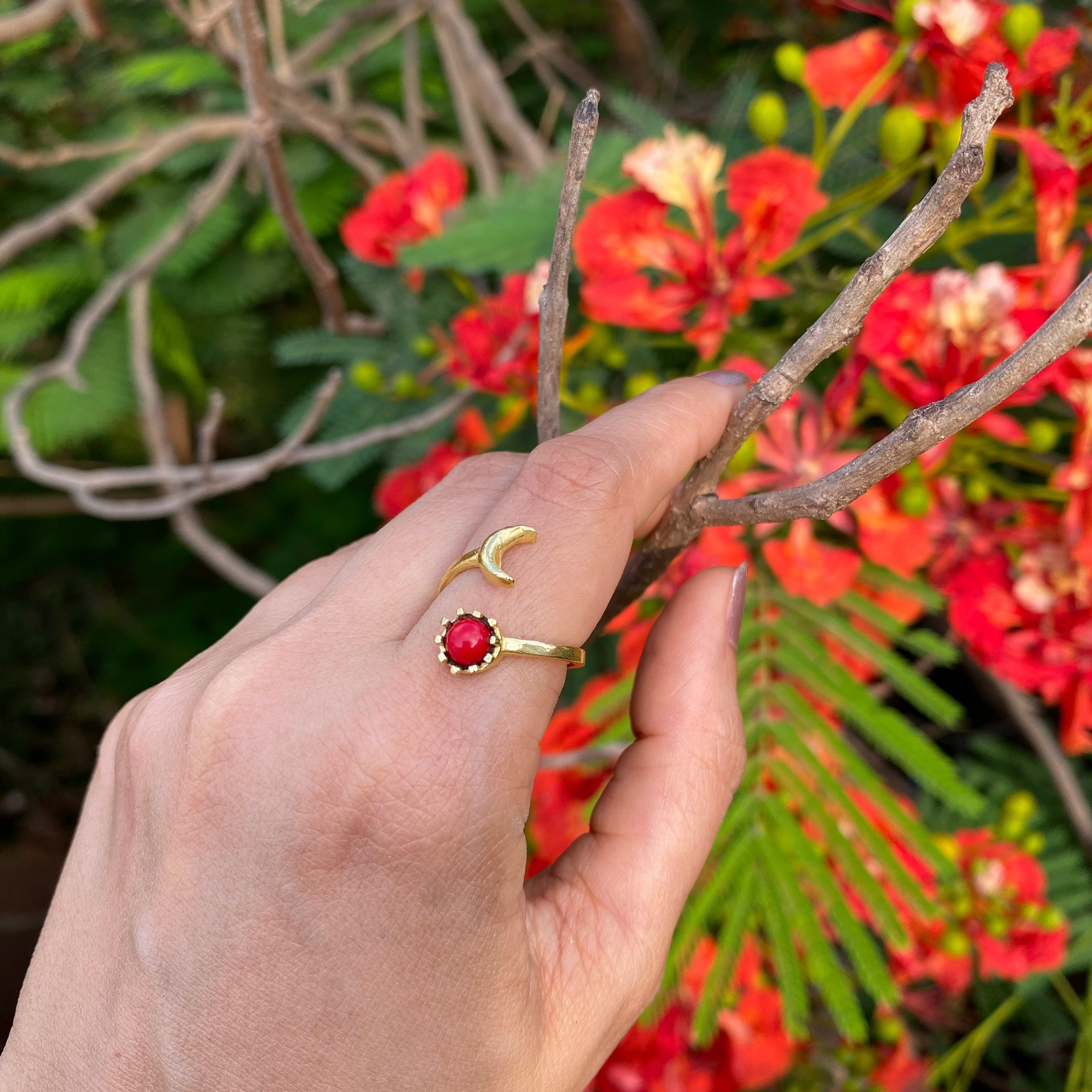 Luna Bloom Adjustable Ring - Red