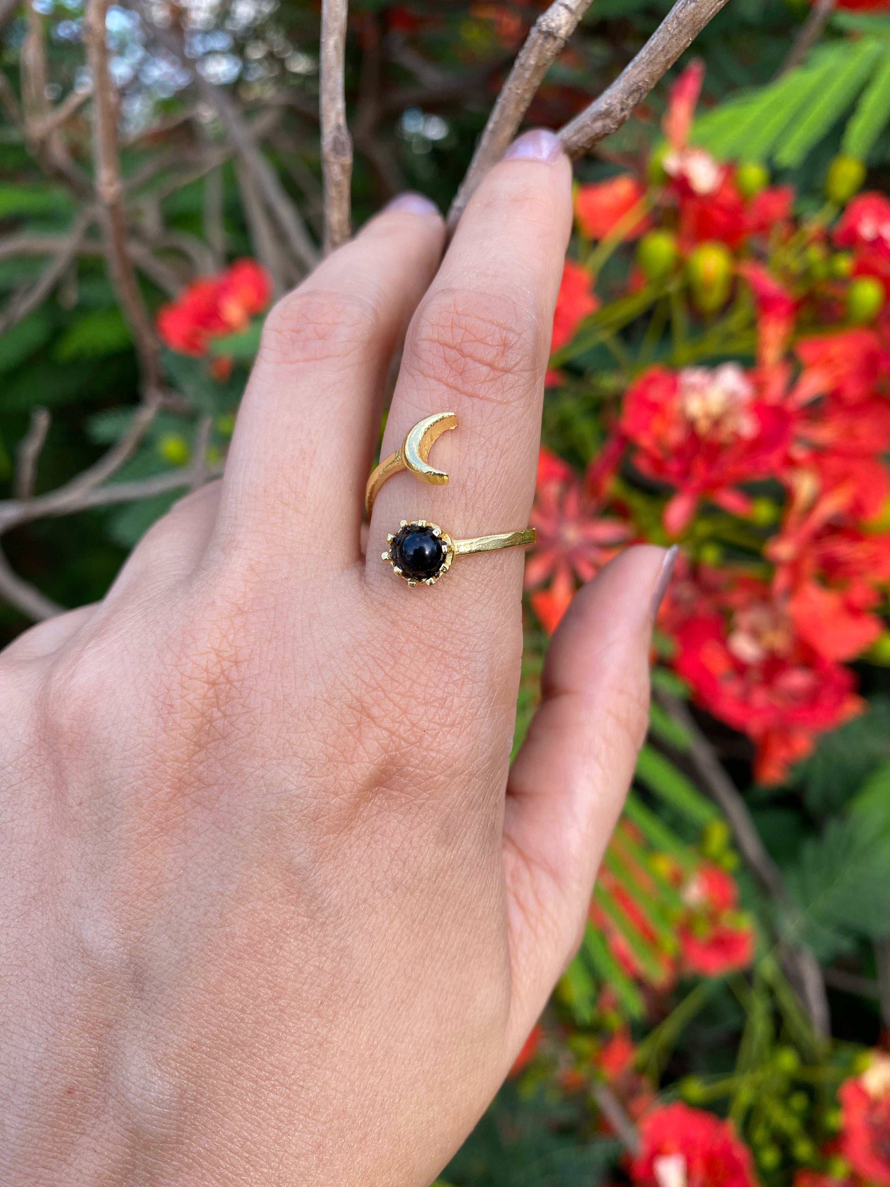 Luna Bloom Adjustable Ring - Black