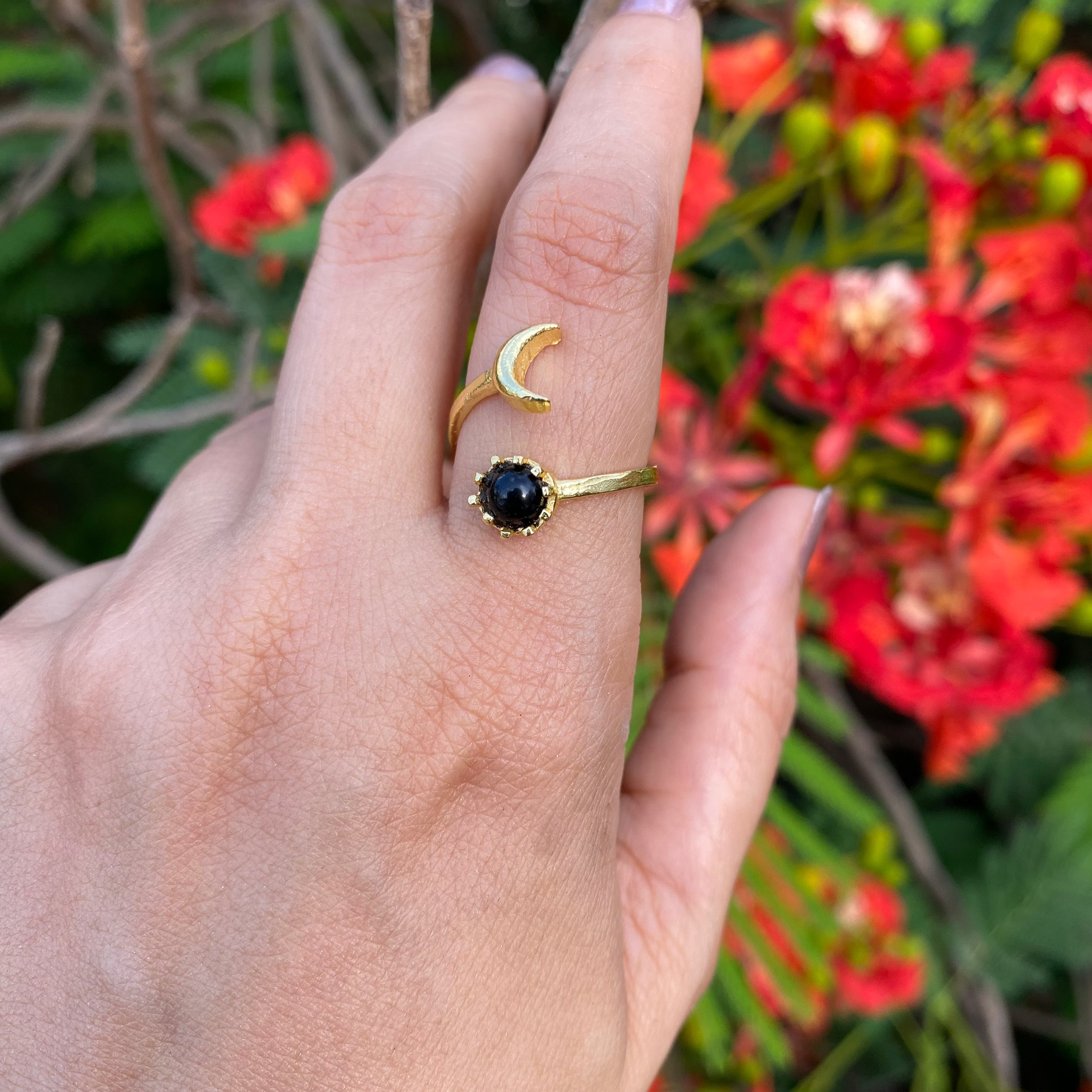 Luna Bloom Adjustable Ring - Black