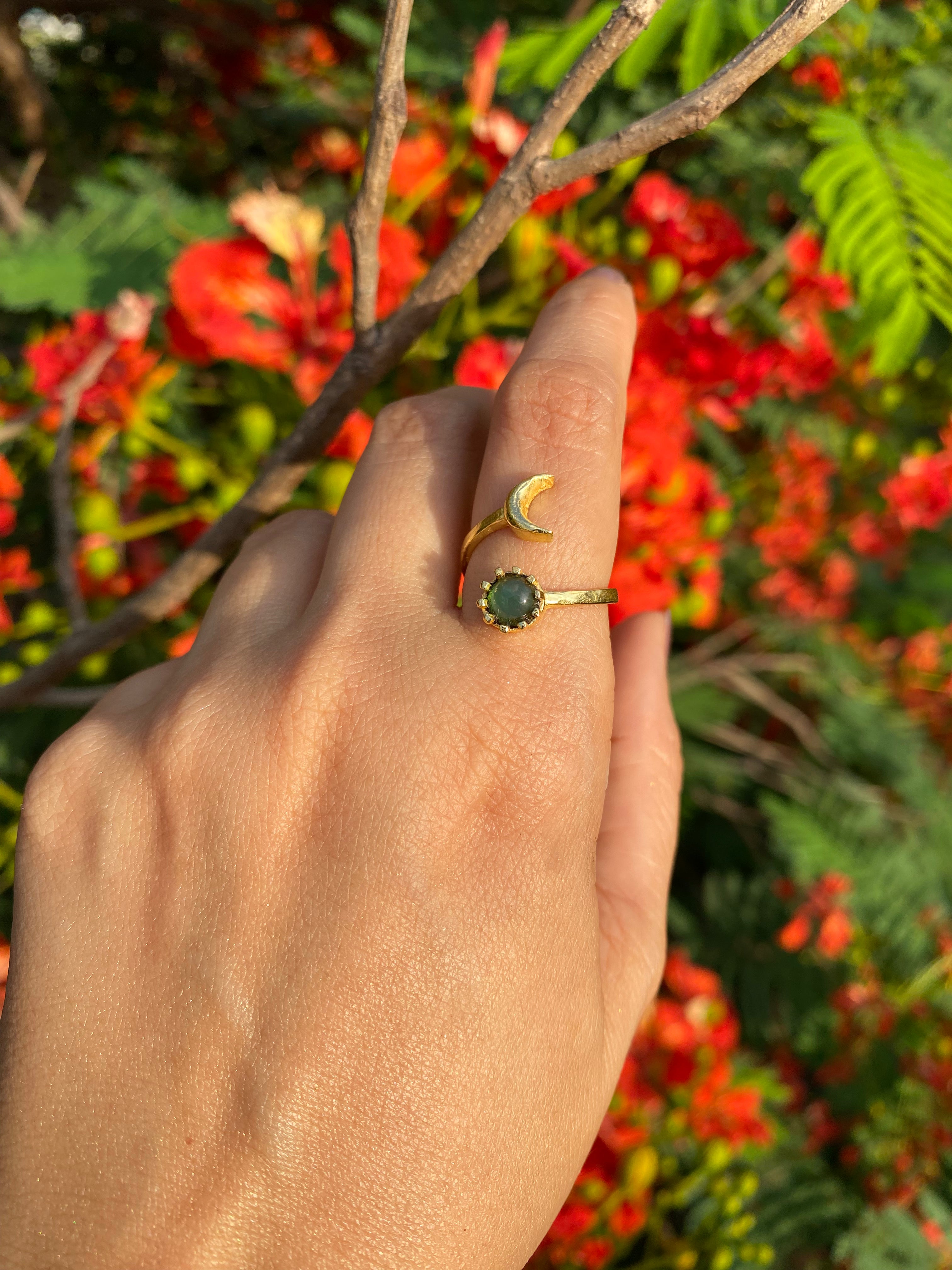 Luna Bloom Adjustable Ring - Green