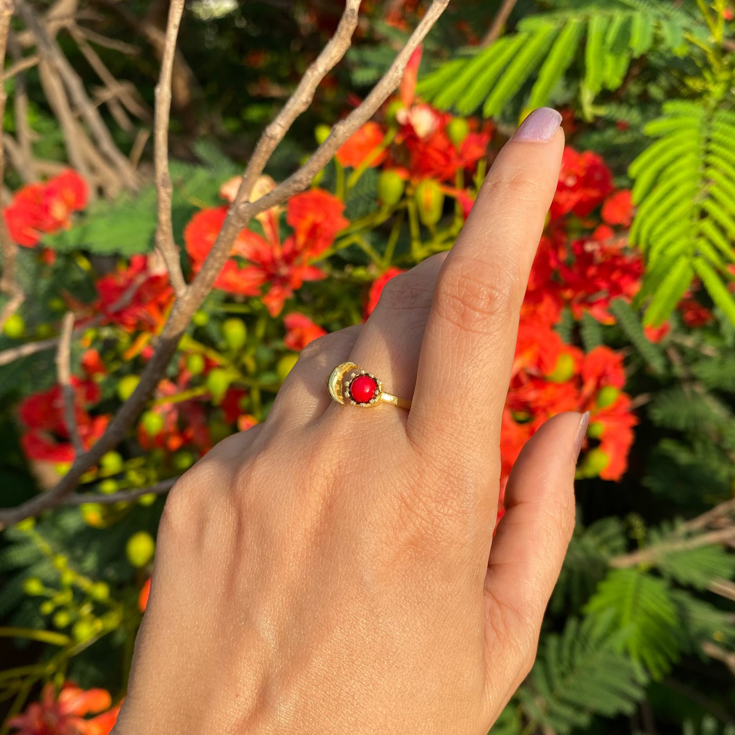 Luna Bloom Adjustable Ring - Red