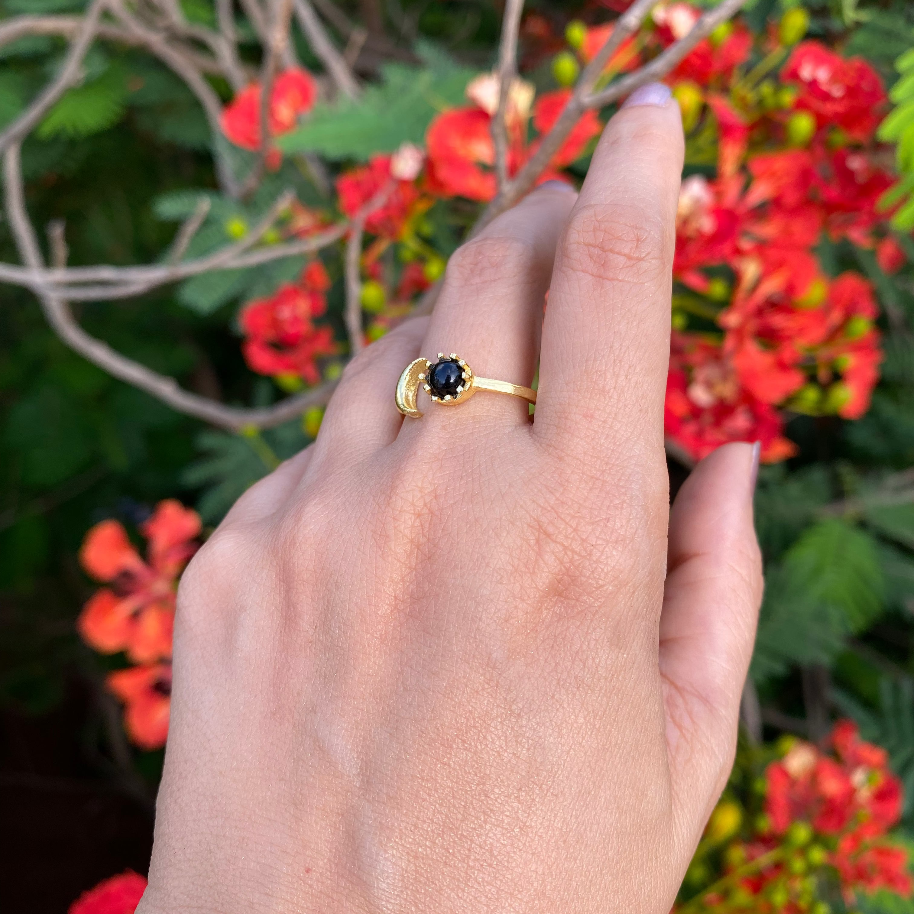 Luna Bloom Adjustable Ring - Black