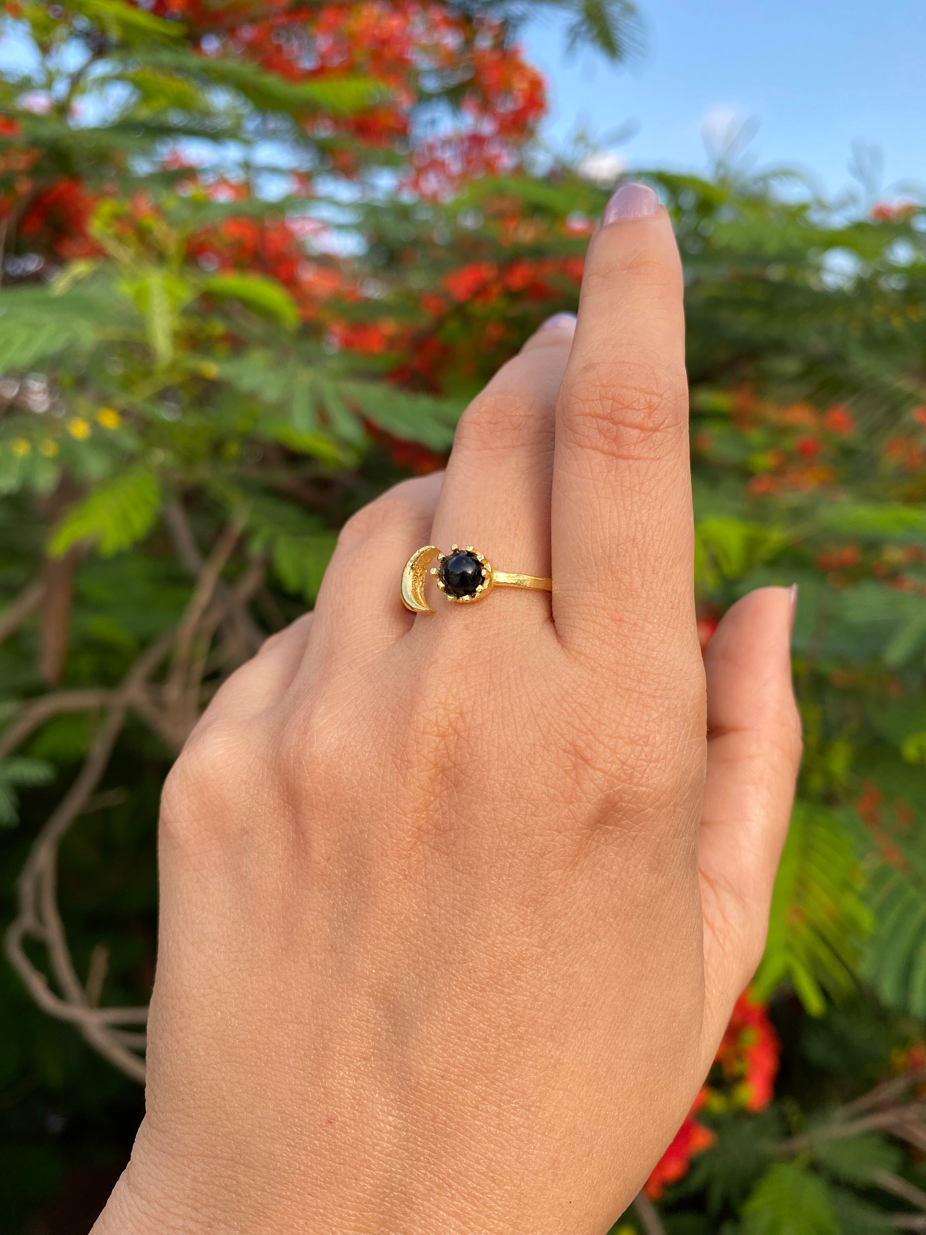 Luna Bloom Adjustable Ring - Black