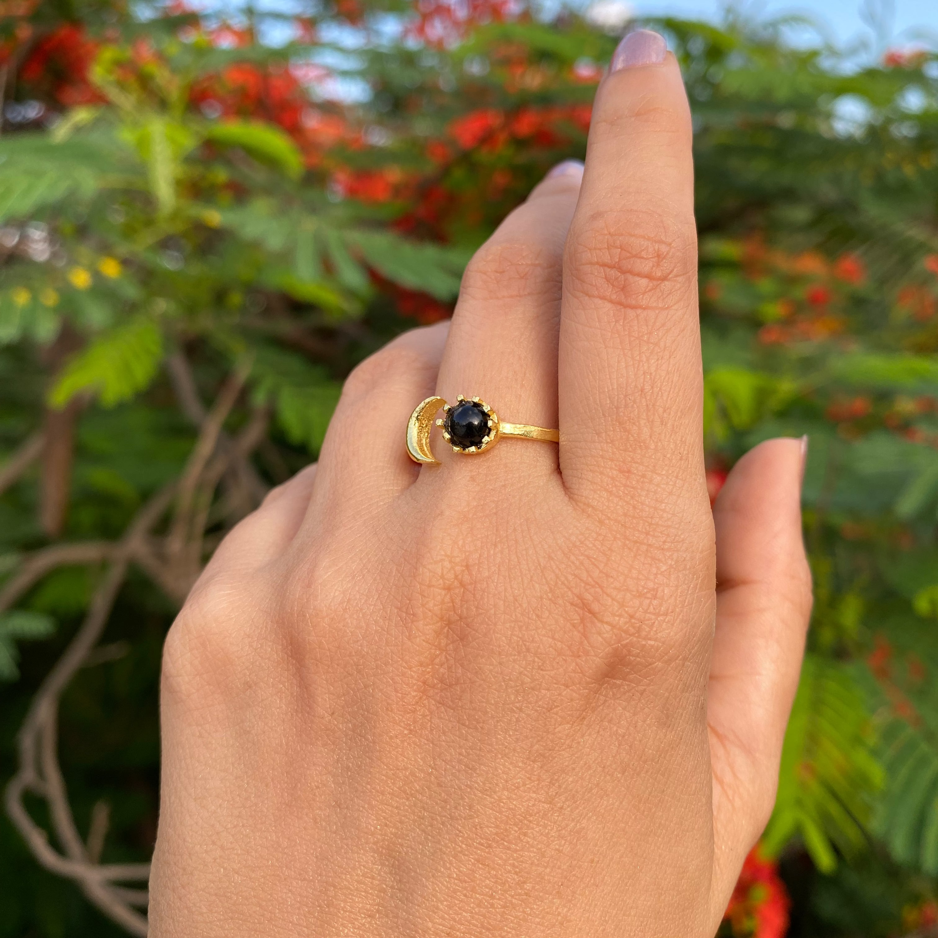 Luna Bloom Adjustable Ring - Black