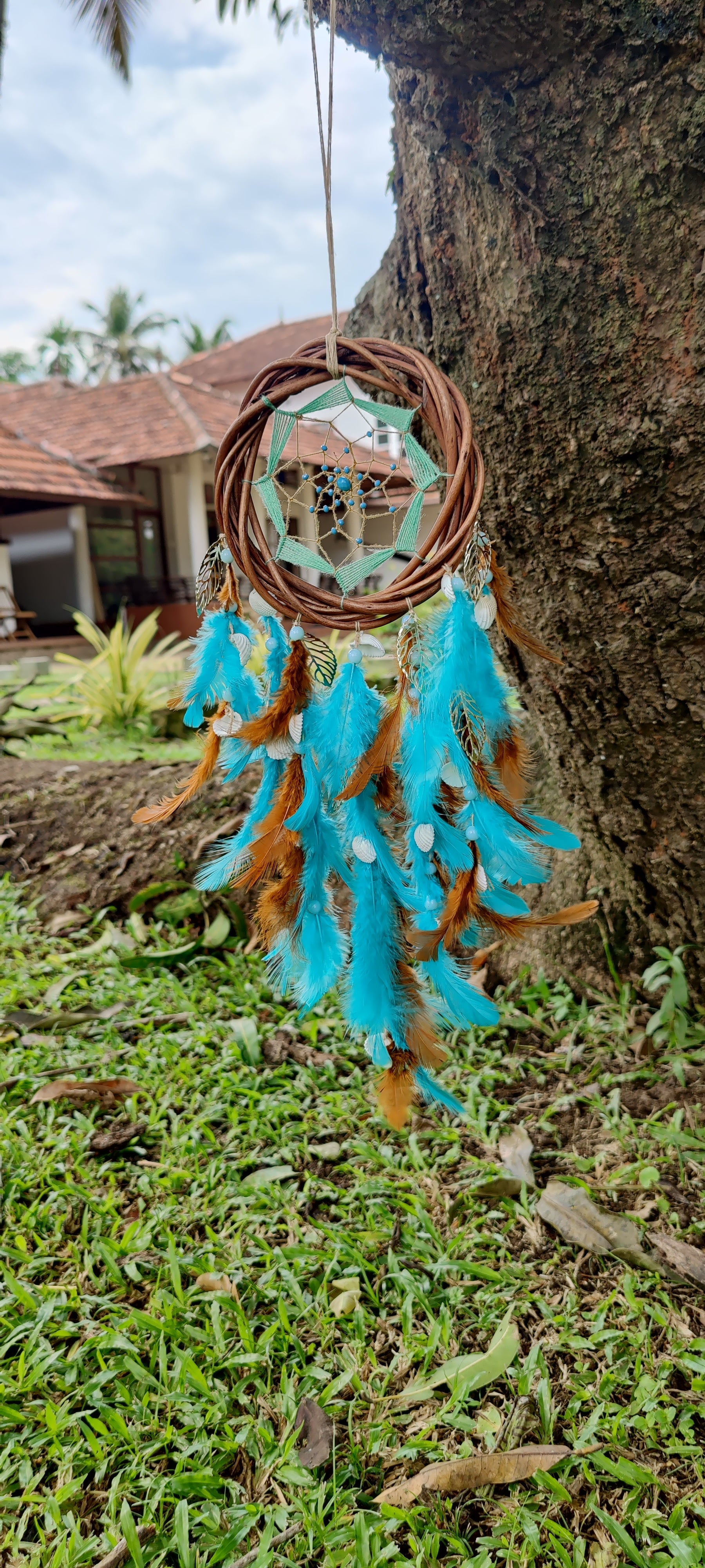 Cane Wreath Dreamcatcher - Turquoise and Brown