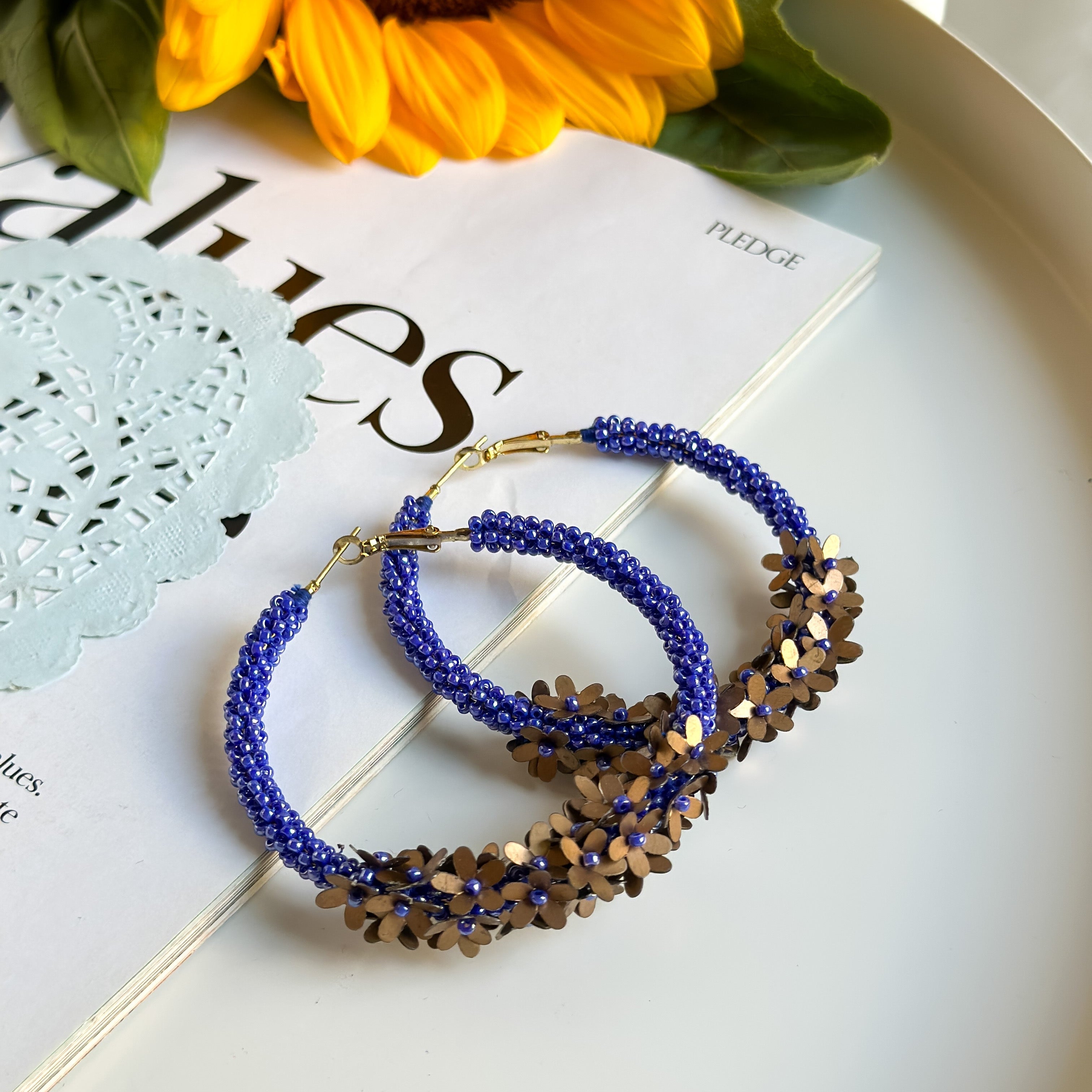Dark Blue Floral Hoops