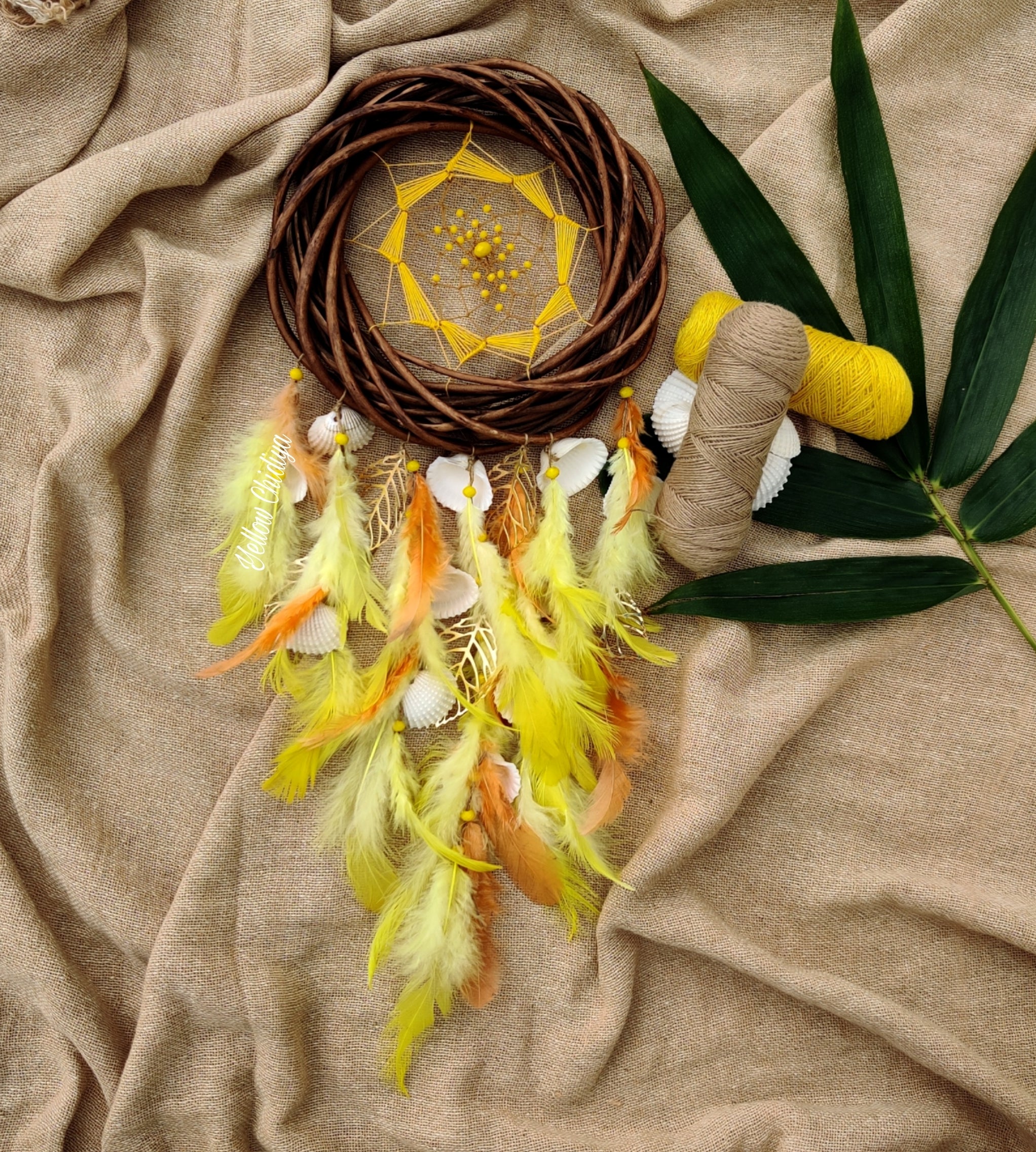 Cane Wreath Dreamcatcher - Yellow & Brown