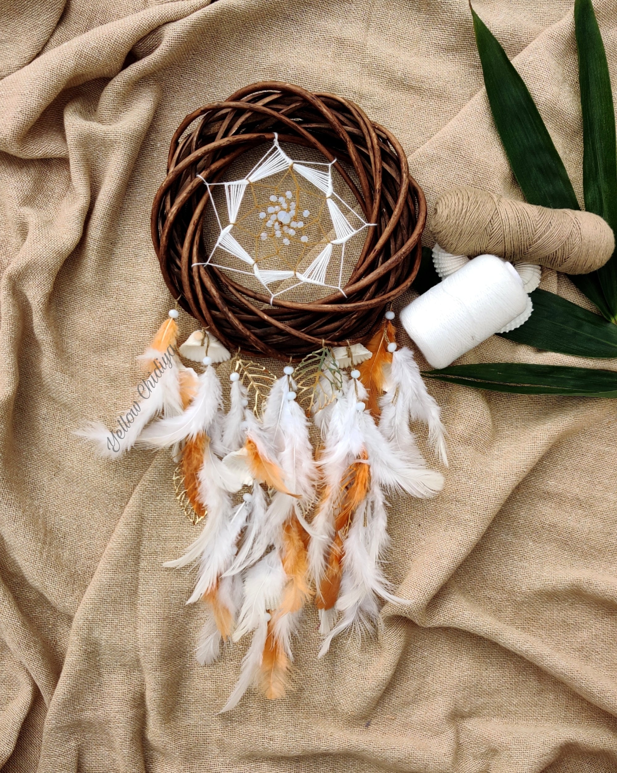 Cane Wreath Dreamcatcher - Brown & White