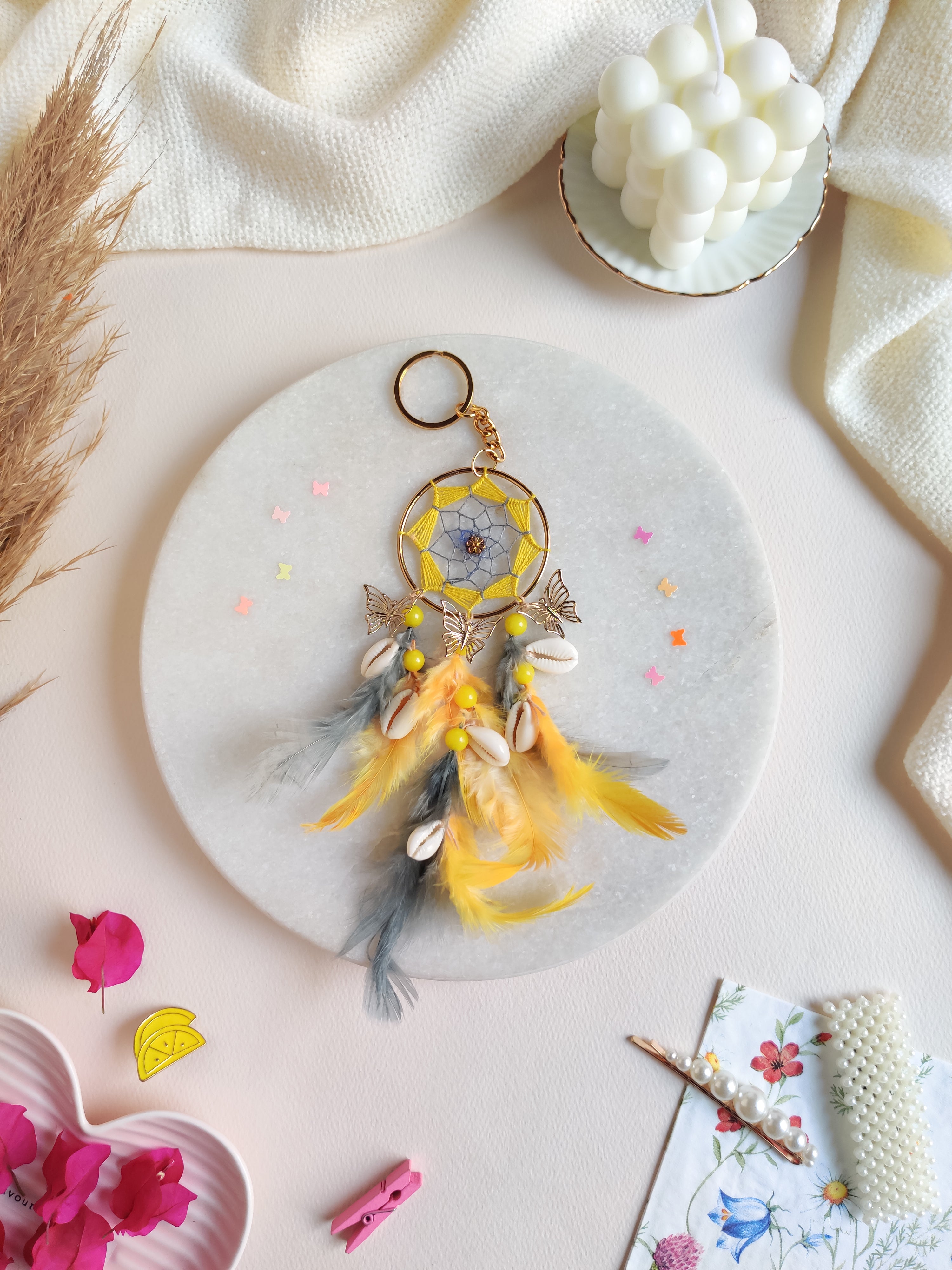 Yellow & Grey Dreamcatcher Keychain