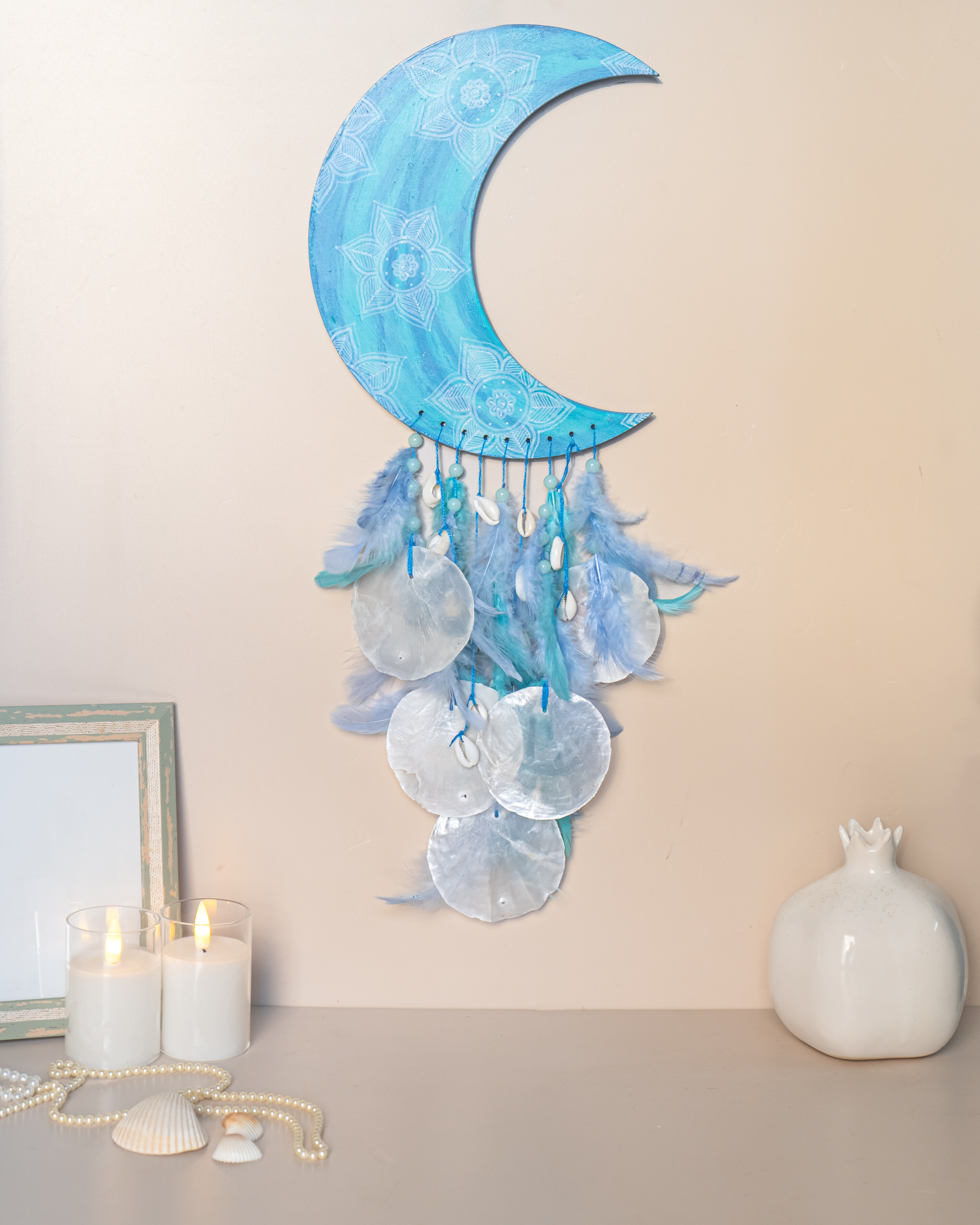 Powder Blue and Turquoise Hand-painted Moon Dreamcatcher