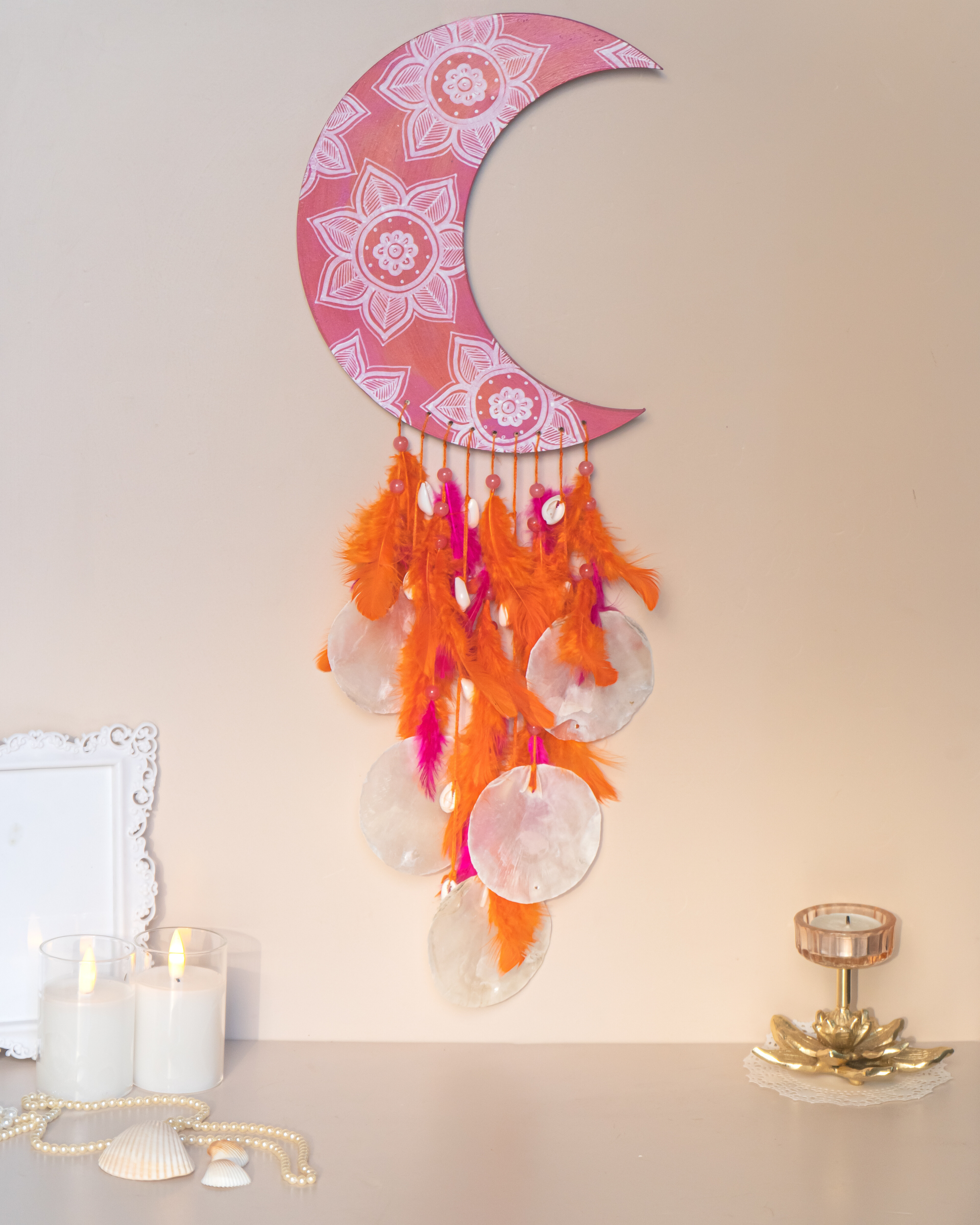 Orange and Pink Hand-painted Moon Dreamcatcher