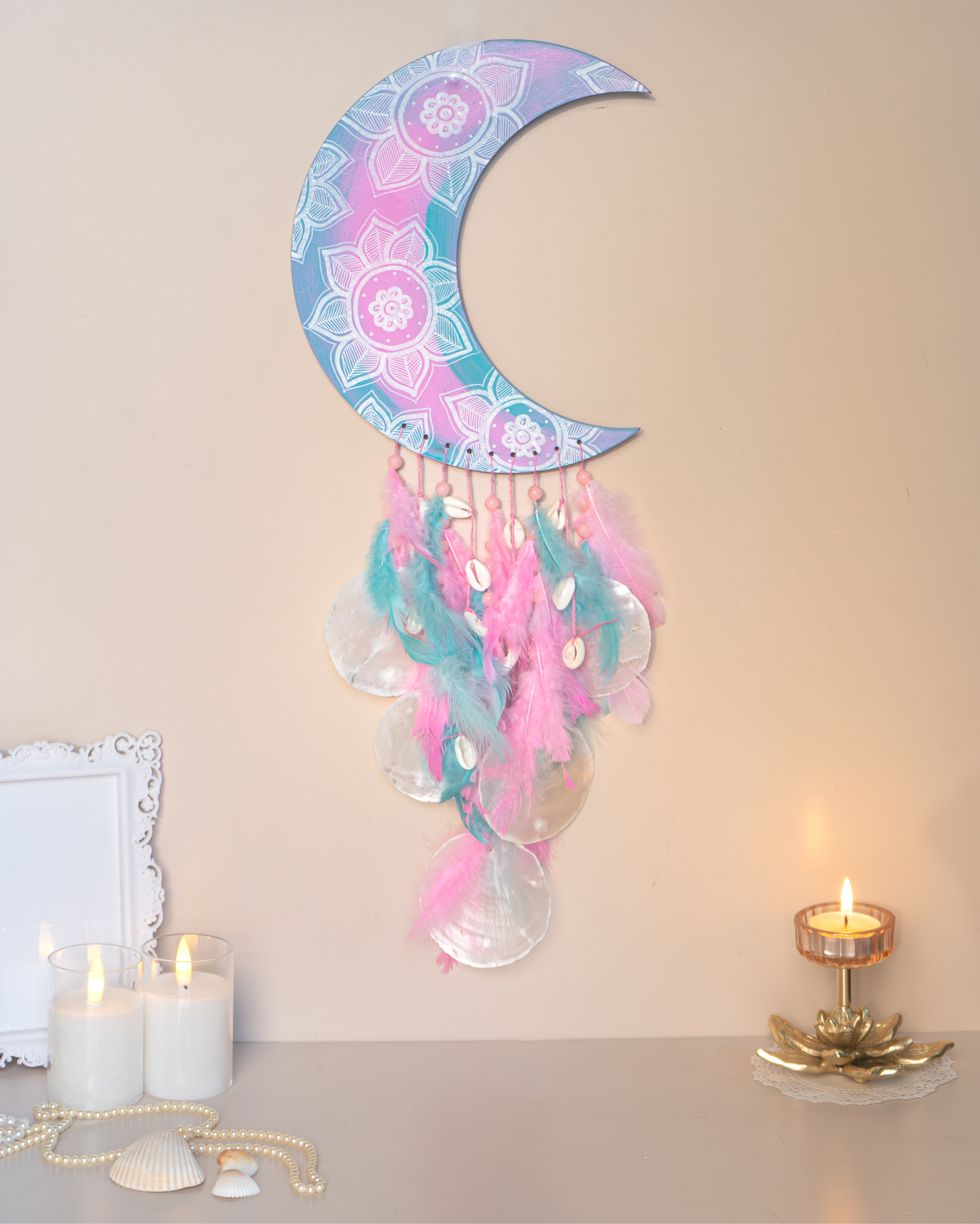 Hand-painted Moon Dreamcatcher (Light Pink & Turquoise)