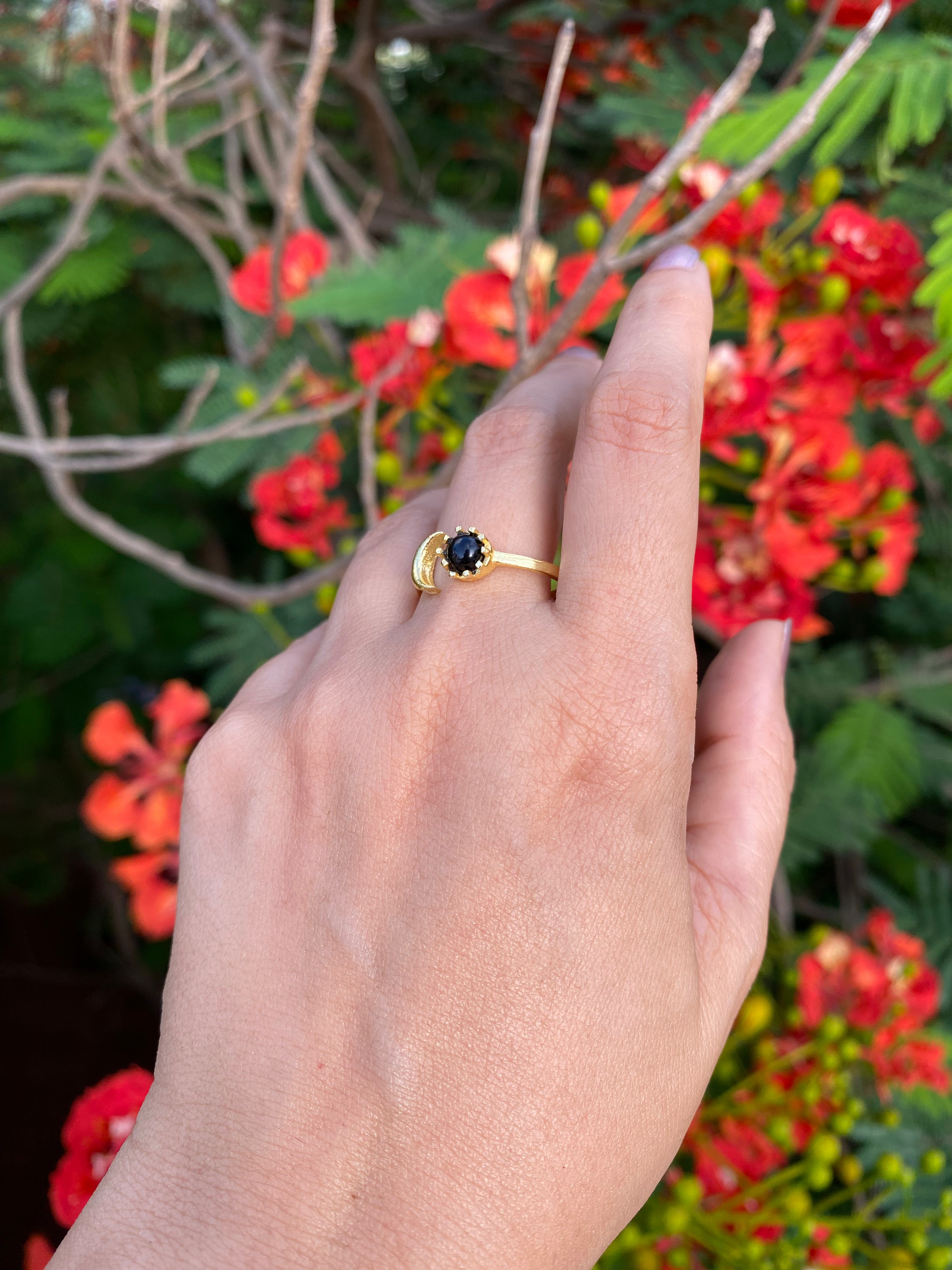 Luna Bloom Adjustable Ring - Black