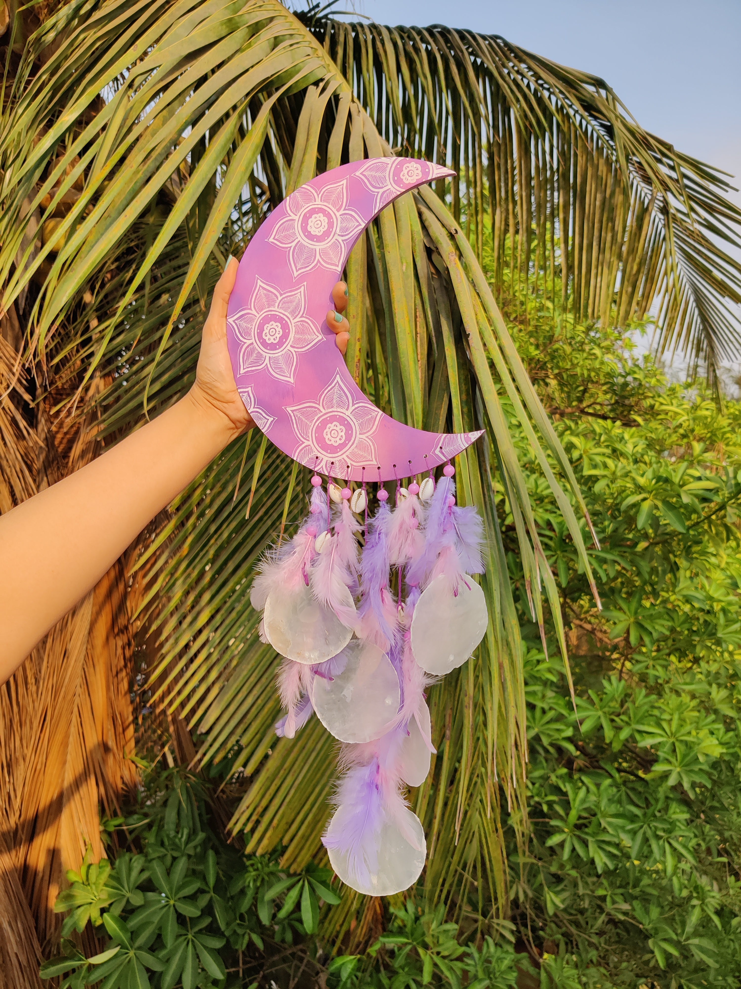 Hand-painted Moon Dreamcatcher (Pastel Pink & Lilac)