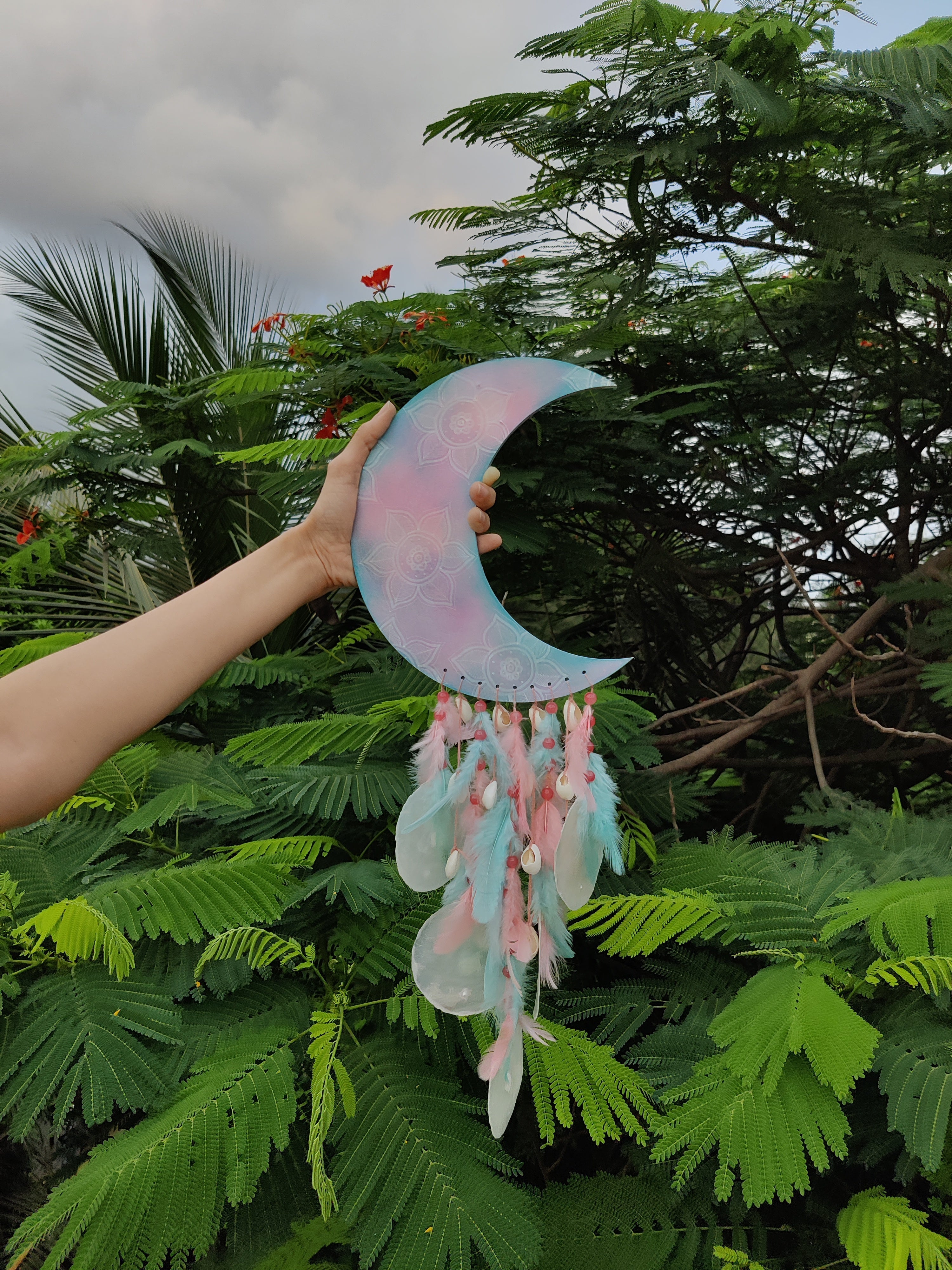 Hand-painted Moon Dreamcatcher (Light Pink & Turquoise)