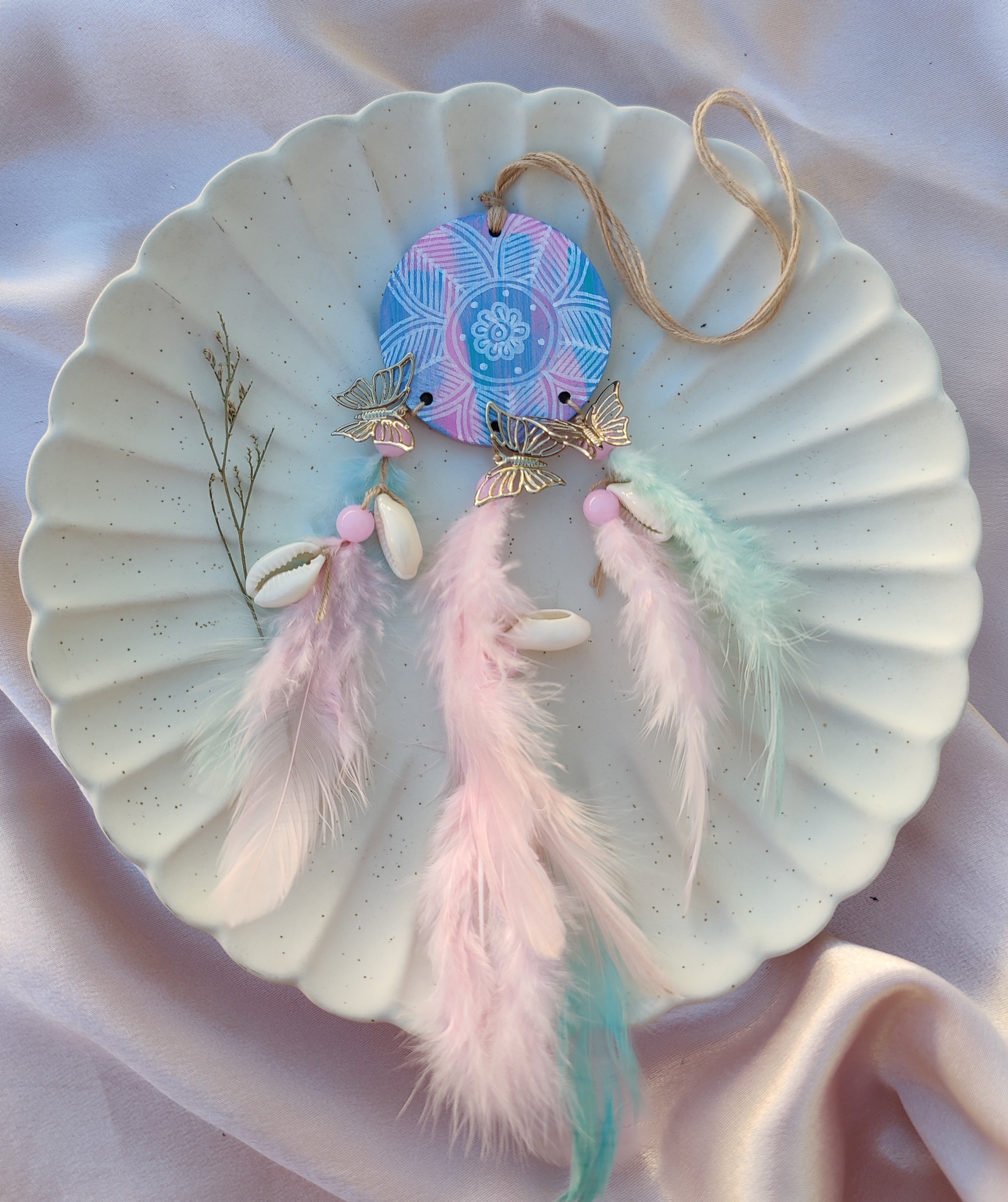 Charu Hand-painted Dreamcatcher - Sage & Light Pink